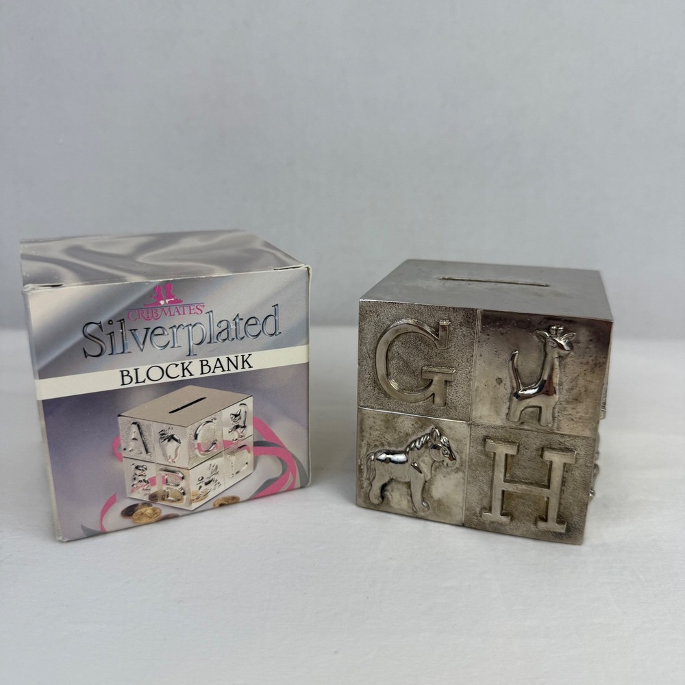 Cribmates Silverplated Alphabet Block Bank‎ Vintage Nursery Keepsake with Box